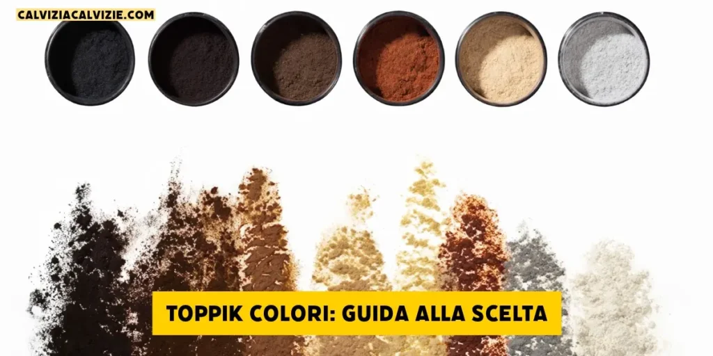 Colori Toppik: nero, castano scuro, castano medio, castano chiaro, rosso, biondo medio, biondo chiaro, grigio e bianco